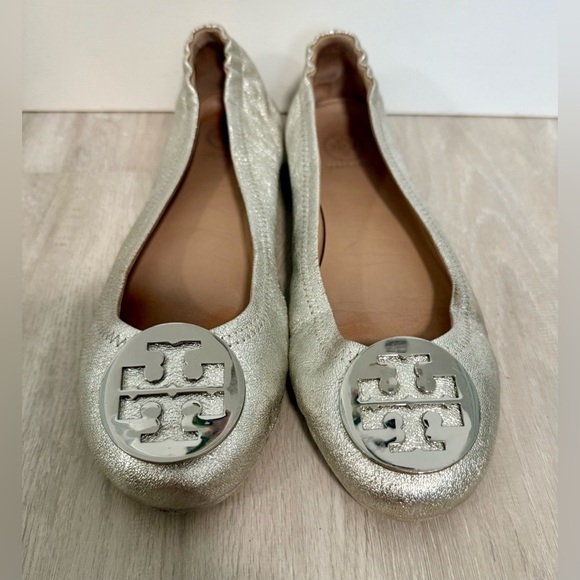 Tory Burch Minnie Travel Ballet Flat Royal Metallic Sliver Womans sz 9.5 - Picture 2 of 12